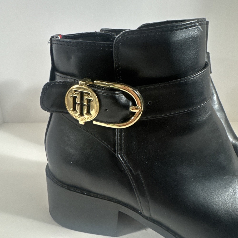 Womens Tommy Hilfiger Ornamented Gold Zip Up Black Bootie Size 5.5 Chunky Heel - Picture 2 of 7